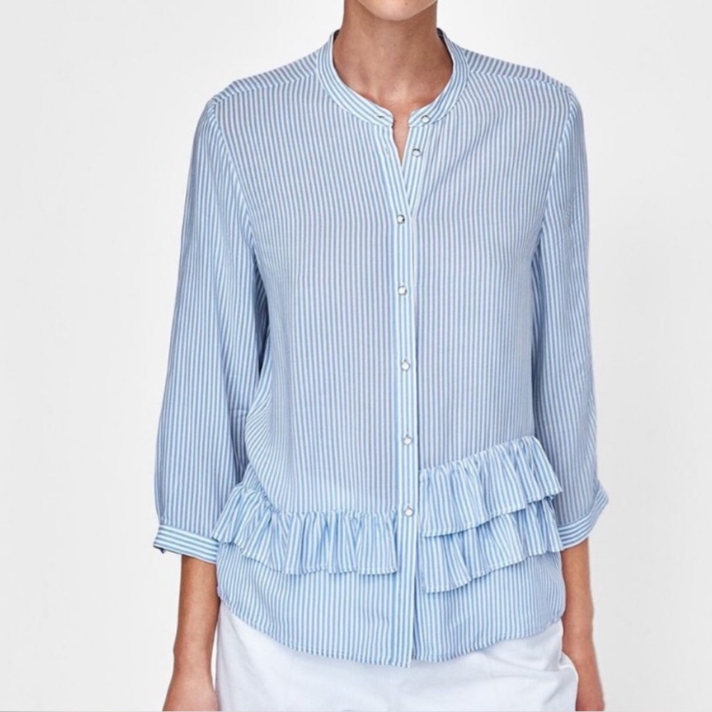 Zara Basic White Blue Pinstripe Button Down Blouse Top with Ruffles, Size XS